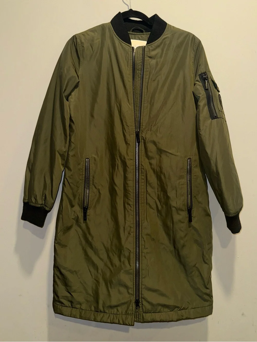 Michael Kors Olive Green Long Bomber Jacket